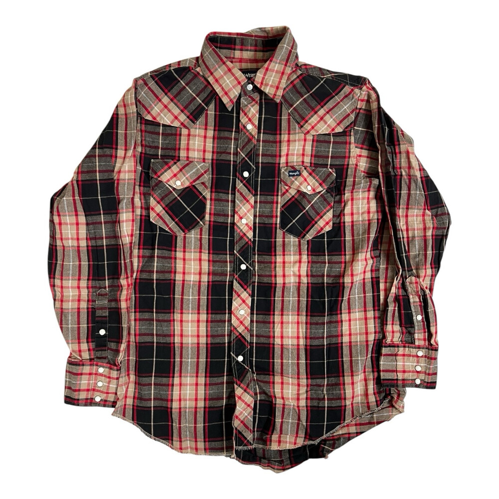 Vintage Wrangler Men’s Plaid Pearl Snap Western Shirt Size XL 17 1/2 Black Tan